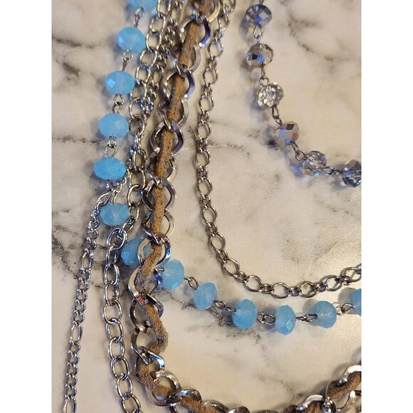 Multi-Layered Chain Necklace With Blue & Crystal Beads - Picture 2 of 4